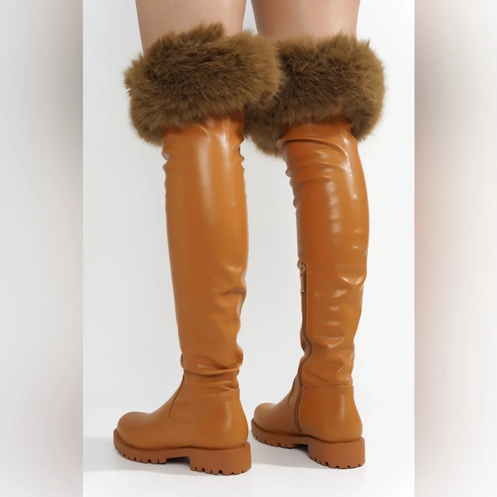 Cape Robbin ❣️Meghani Fur-Coated Over-the-Knee Boots - Tan Sz 5 ❣️BRAND NEW ❣️